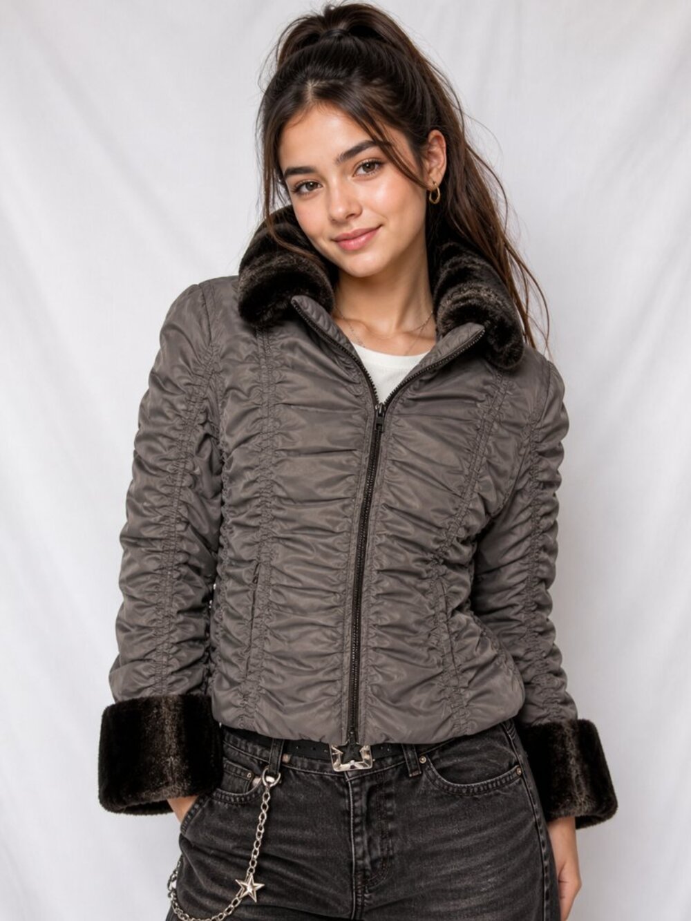 Rinascimento Made in Italy Ruched Jacket with Faux Fur Trim – Size M